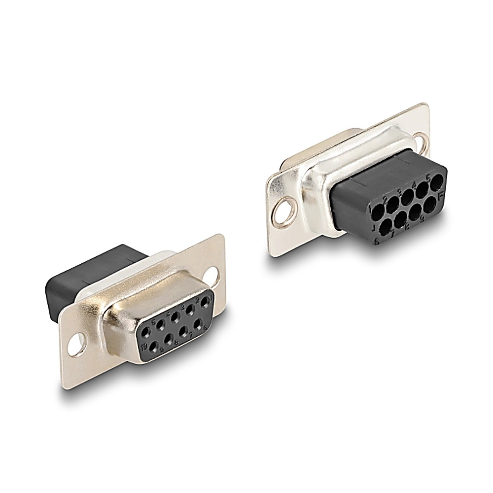 Due connettori argentati con inserti neri, ciascuno con 9 pin. Sfondo bianco.