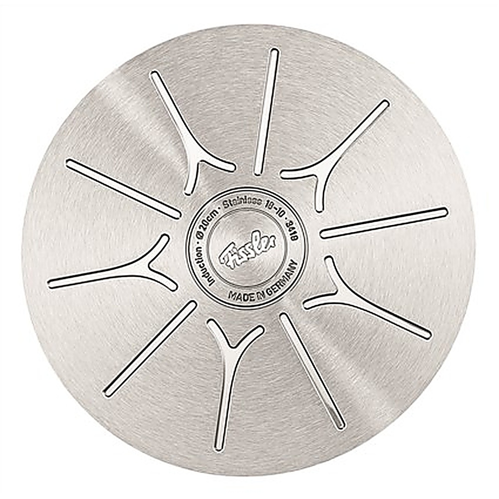 Dno pokrywki garnka ze stali nierdzewnej. Ma serię promieniowych wycięć.