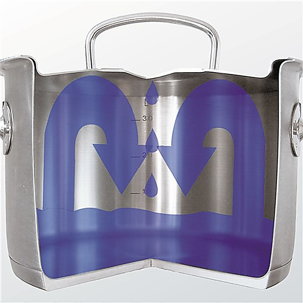 Przekrój garnka ze stali nierdzewnej z niebieskimi strzałkami wskazującymi przepływ wody.