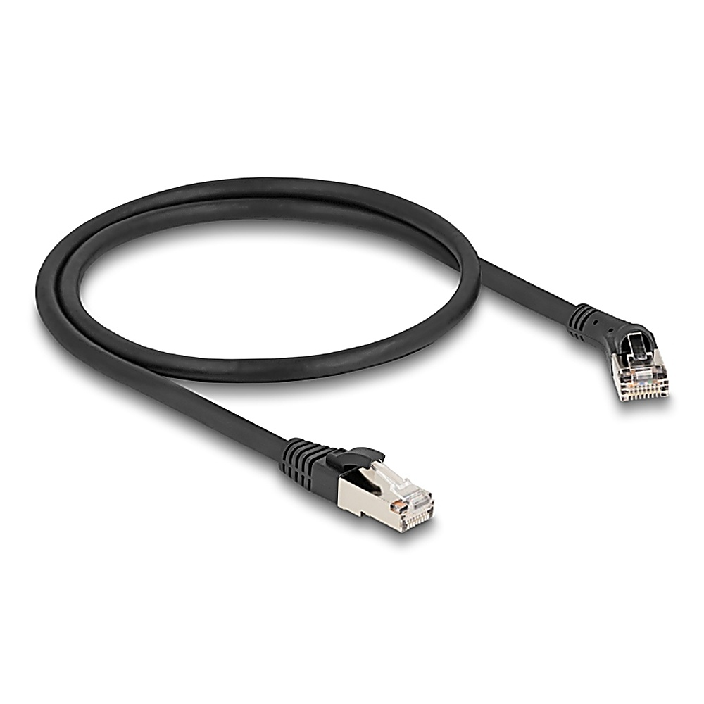 Un cavo Ethernet nero con due connettori. Un connettore è dritto e l'altro è angolato.