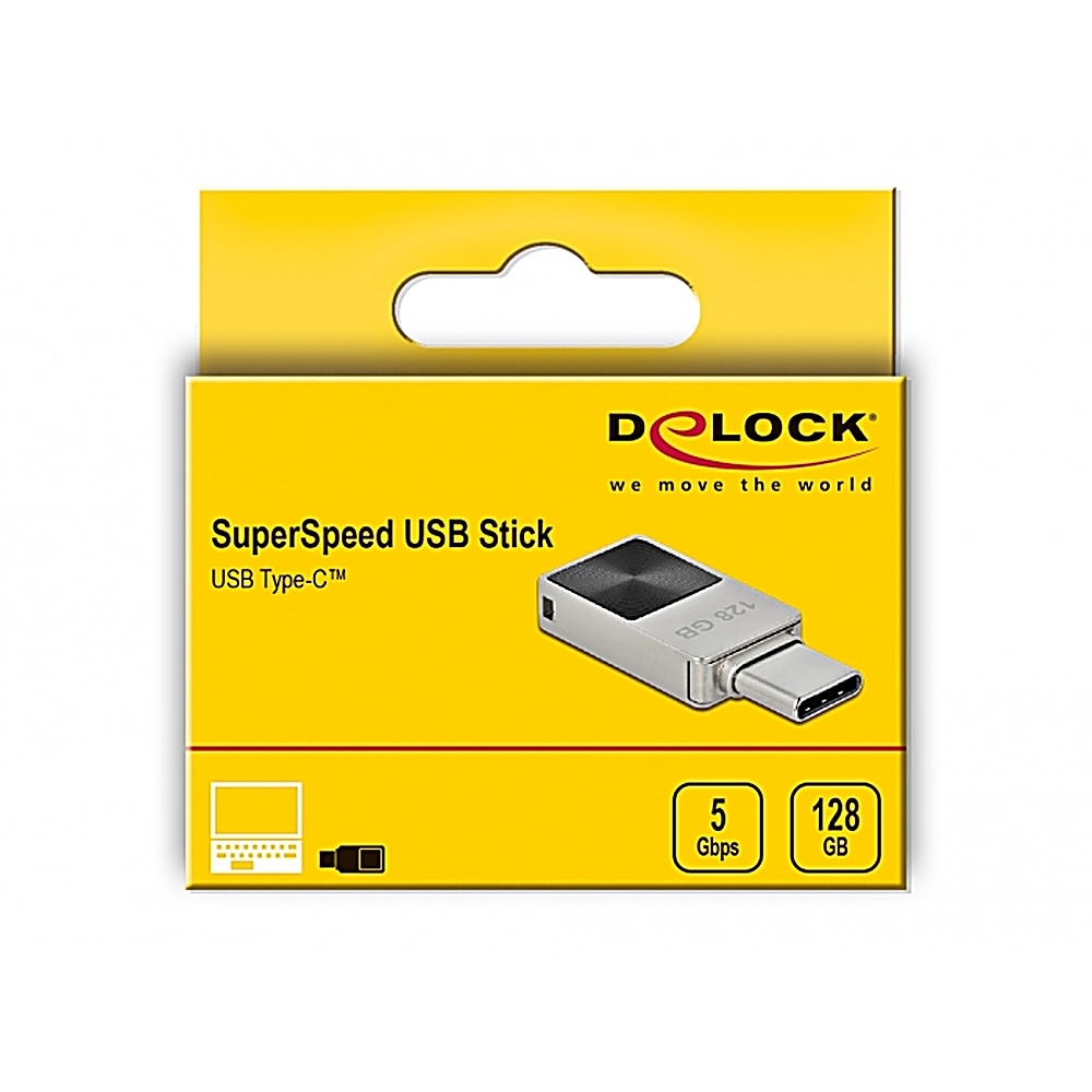 Pamięć USB w żółtym pudełku. Na pudełku napisano "SuperSpeed USB Stick USB Type-C" i "128 GB".
