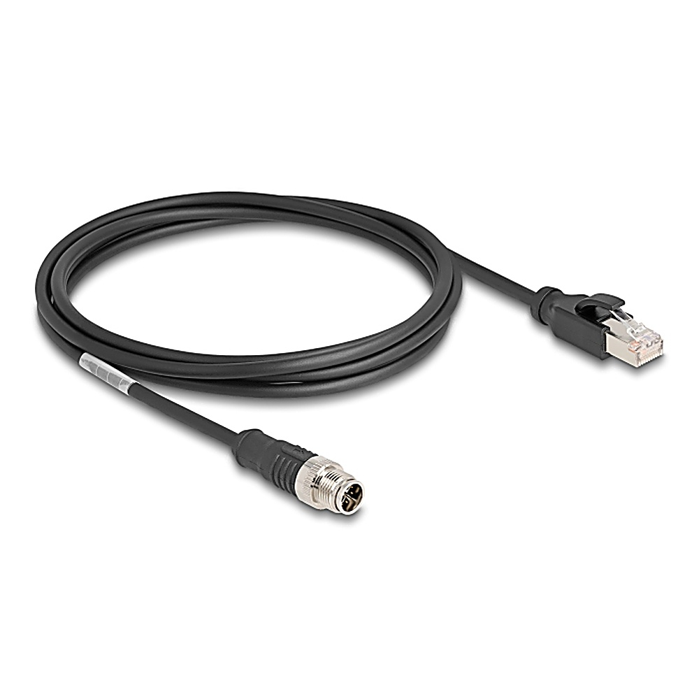 Cavo di rete nero con connettori su entrambe le estremità. Un'estremità con connettore per macchina. Bianco.
