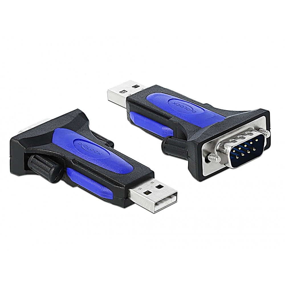 Due cavi adattatori da USB a seriale neri, con dettagli blu e connettori. Sfondo bianco.