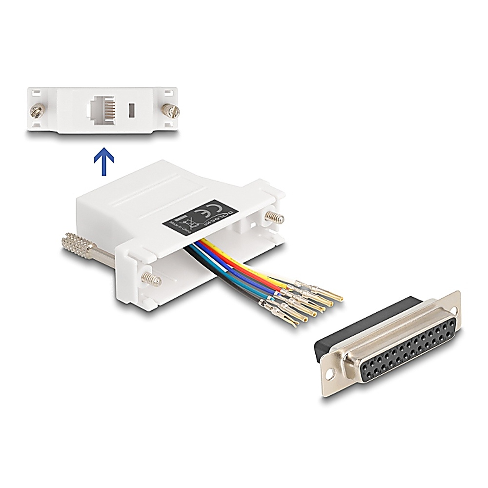 Adattatore bianco con connettori e fili scoperti, con connettore D-sub nero. Sfondo bianco.