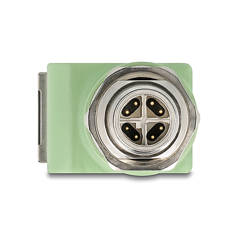 Connettore verde con un anello argentato e quattro pin neri. Sfondo bianco.