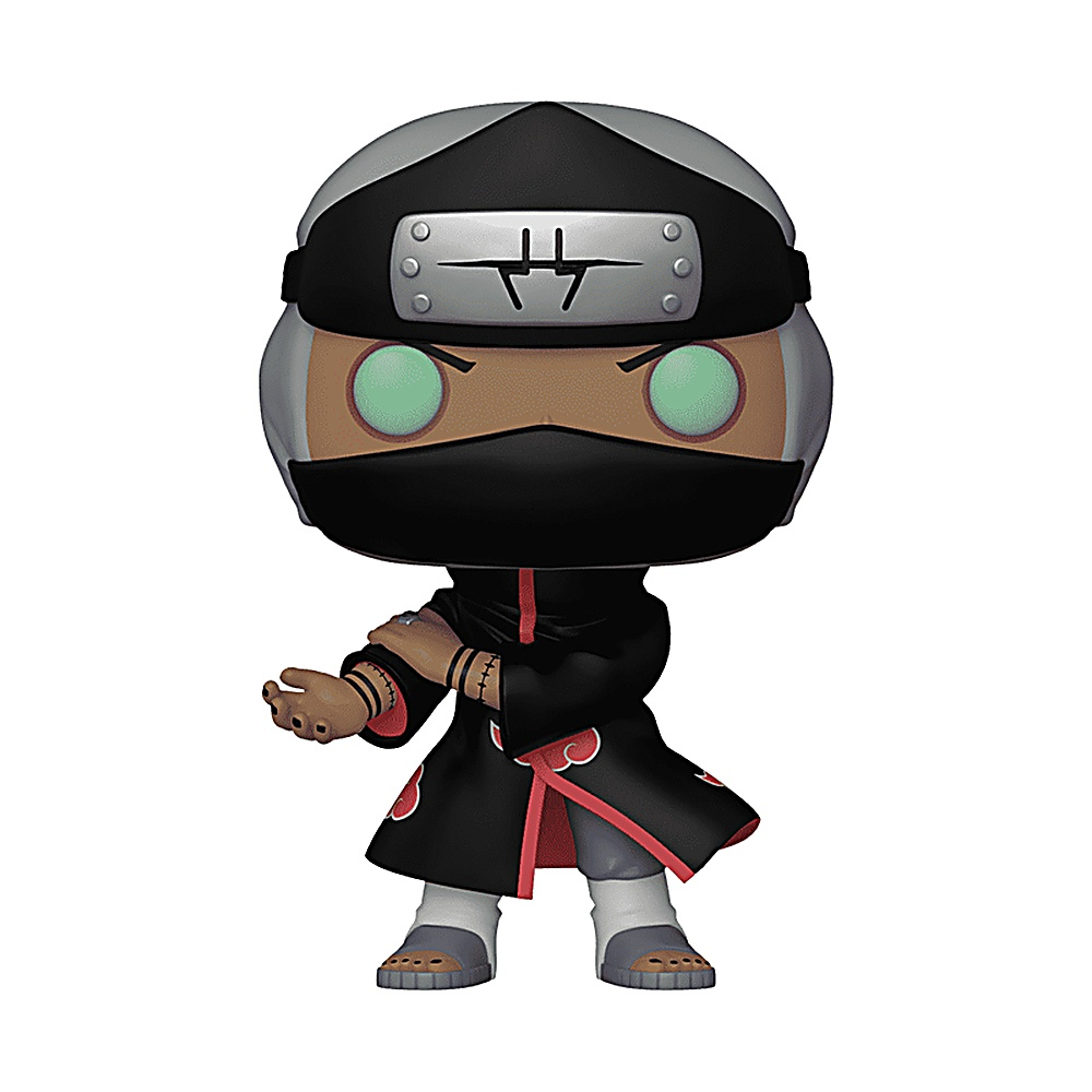 Una figura Funko Pop di un personaggio di Naruto. La figura indossa un mantello nero.