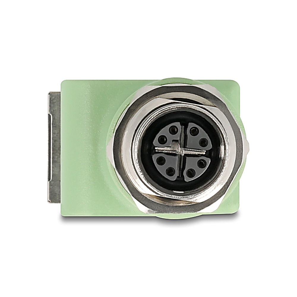 Un connettore verde con porta circolare e anello metallico, visto dall'alto.