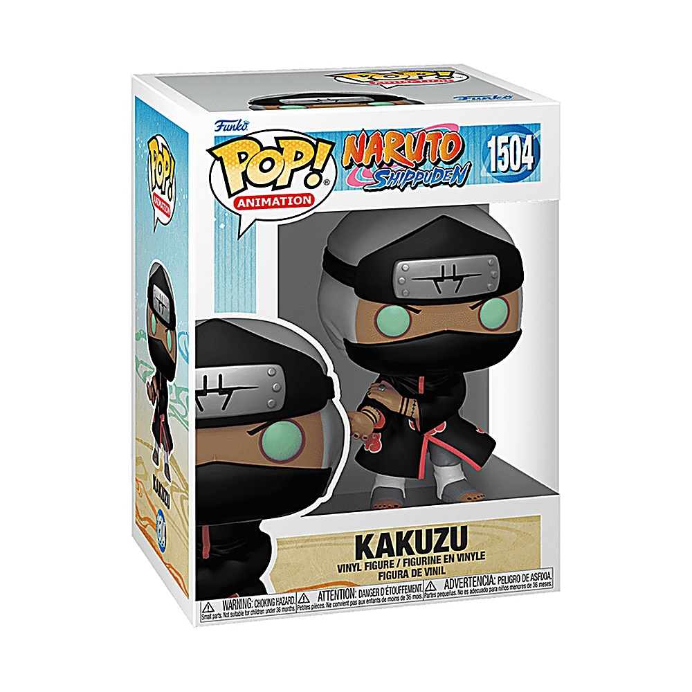 Figura Funko Pop di Kakuzu da Naruto Shippuden. Indossa un abito nero con una maschera ed è in una scatola.