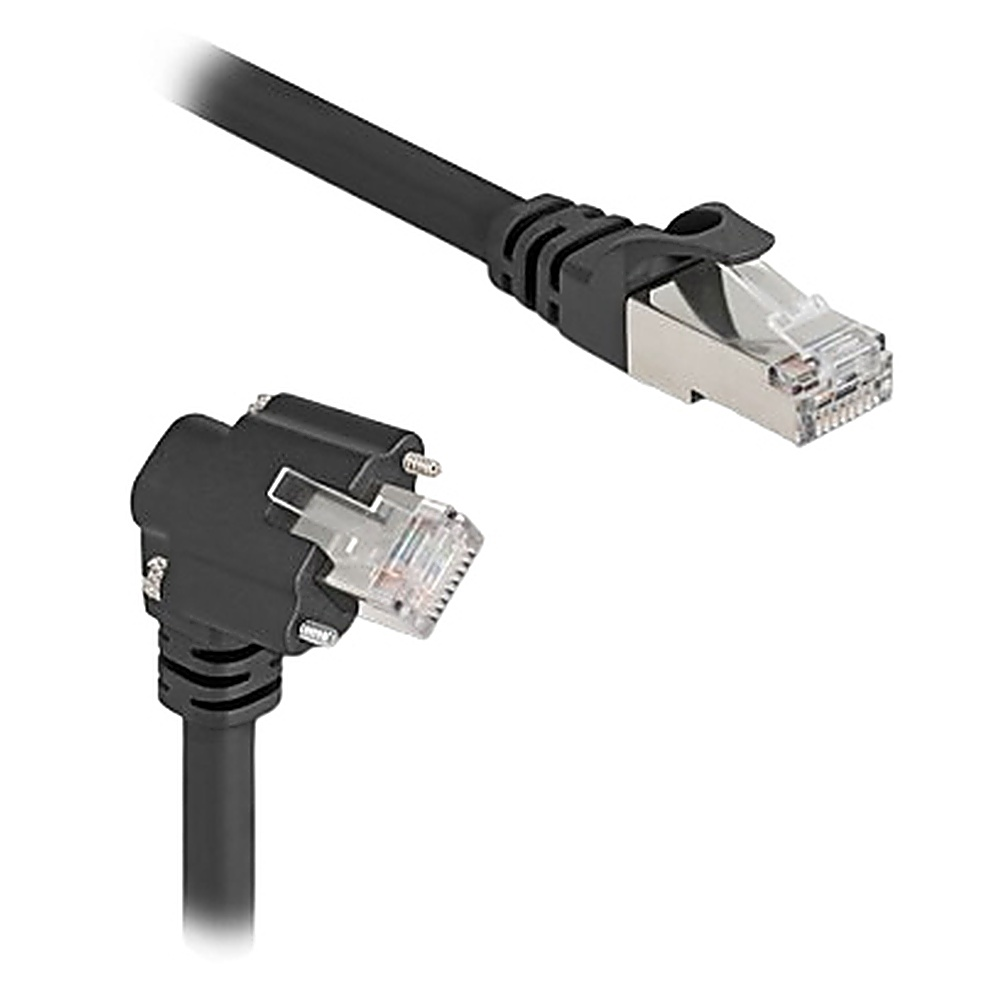 Cavo Ethernet nero con un connettore ad angolo retto a un'estremità e un connettore dritto all'altra.