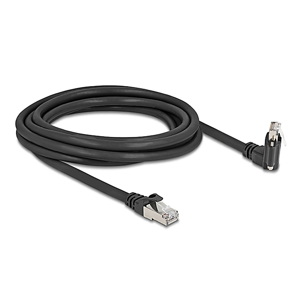 Cavo Ethernet nero. Ha un connettore ad angolo retto a un'estremità e uno dritto all'altra.