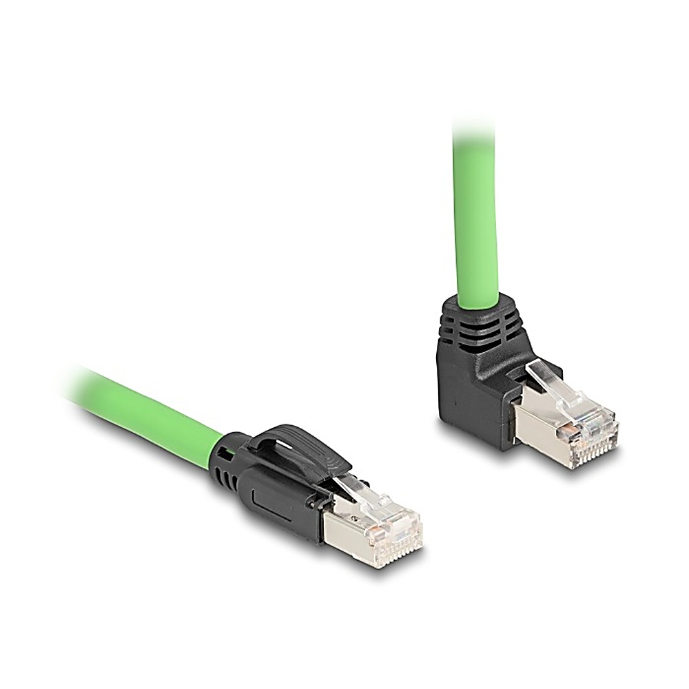 Cavo Ethernet verde con connettori ad angolo retto. Un'estremità è collegata, l'altra no.