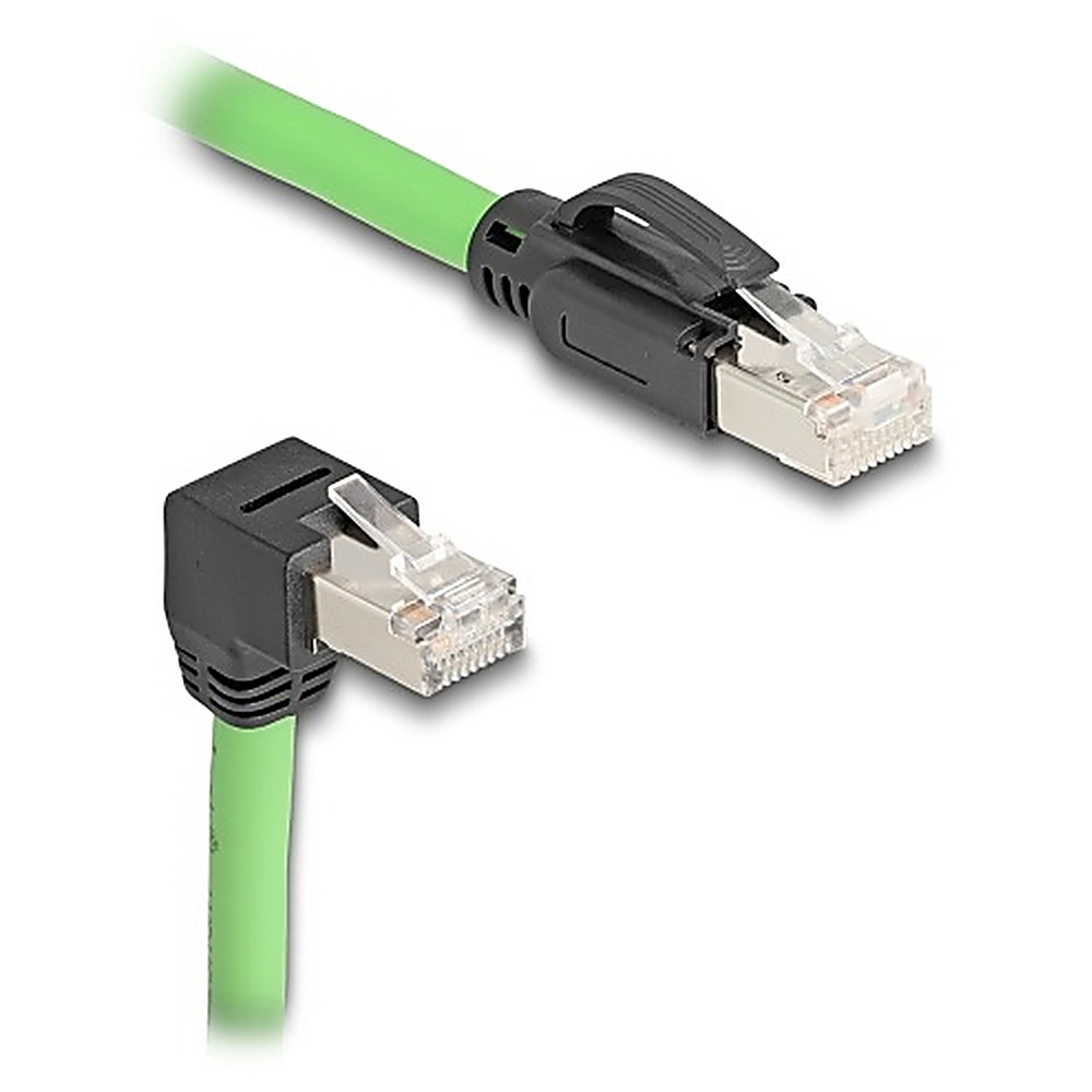 Cavo Ethernet verde con connettori ad angolo retto. Il cavo è curvo.