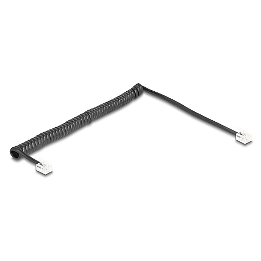 Czarny zwinięty kabel telefoniczny z dwoma złączami.