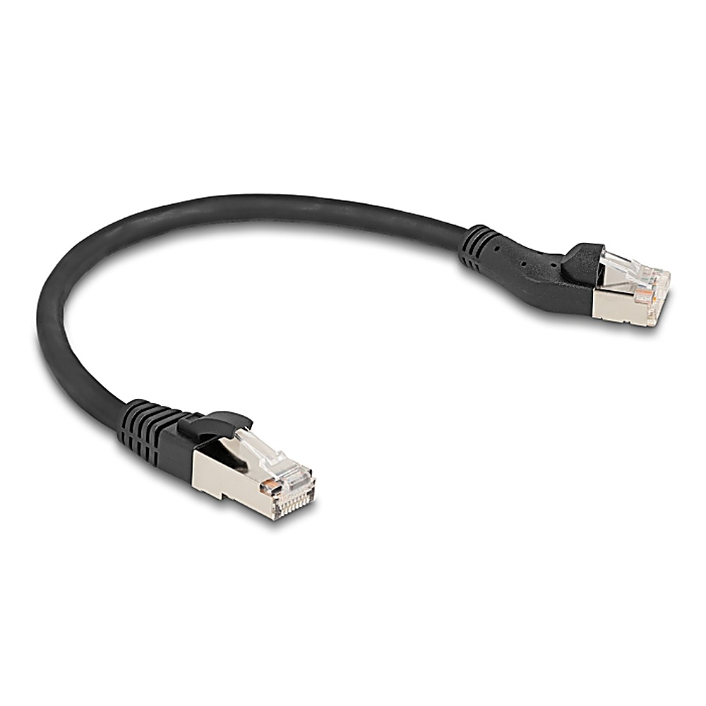Cavo Ethernet nero con due connettori RJ45.