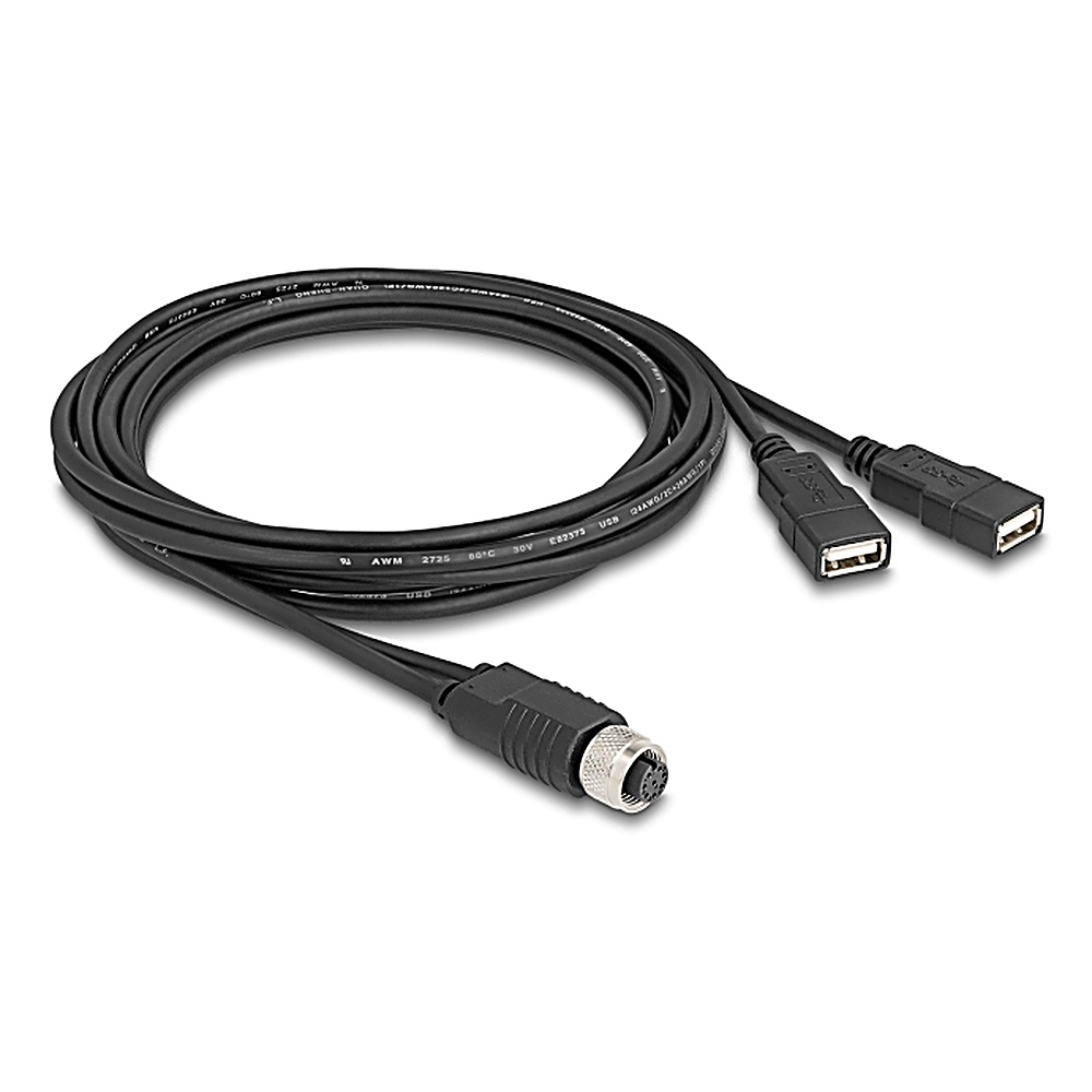 Cavo USB nero con un connettore rotondo e due porte USB.