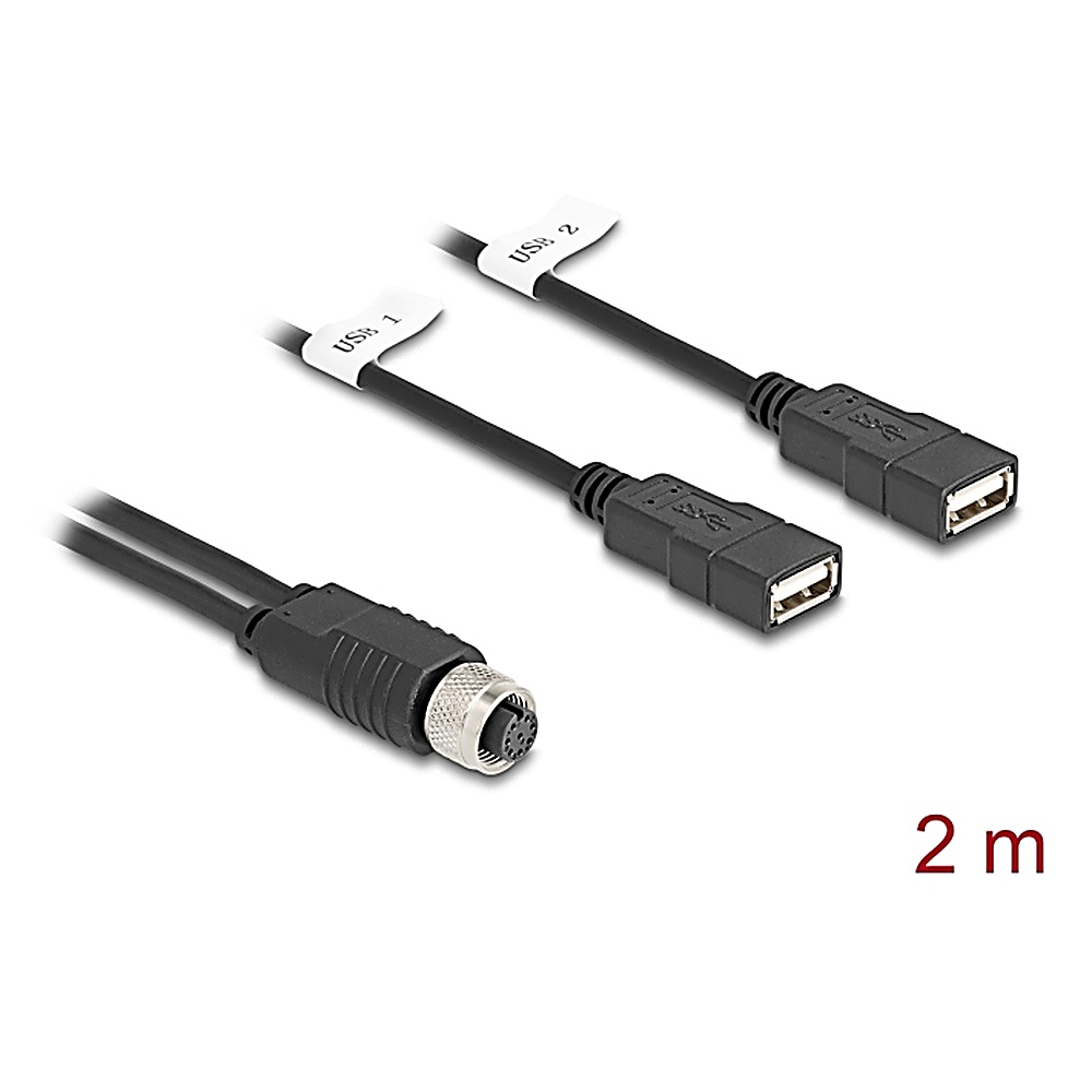 Tre cavi USB neri. Un connettore M12. Etichette indicano USB 1 e 2. Testo 2 m.