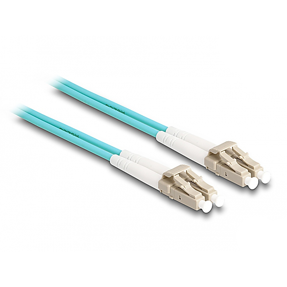 Due cavi in fibra ottica azzurri con connettori bianchi.