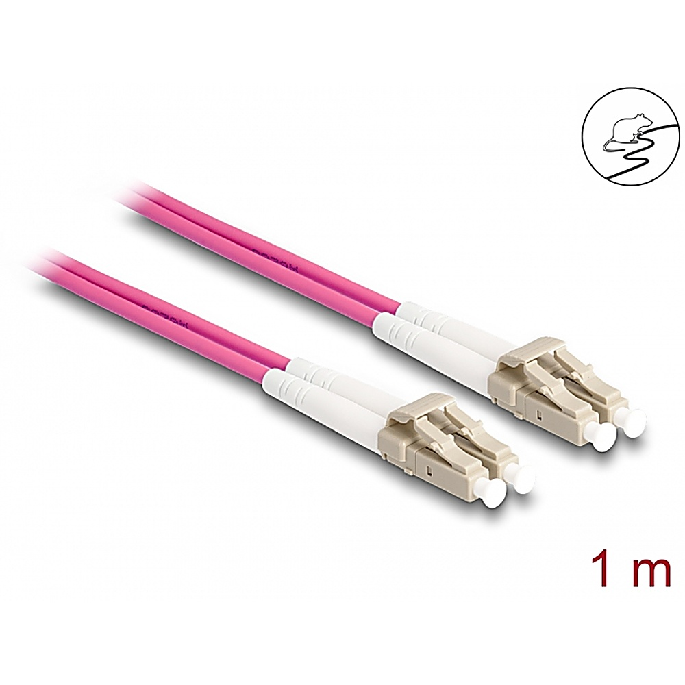 Due cavi in fibra ottica rosa con connettori bianchi. Testo 1 m e icona del mouse.