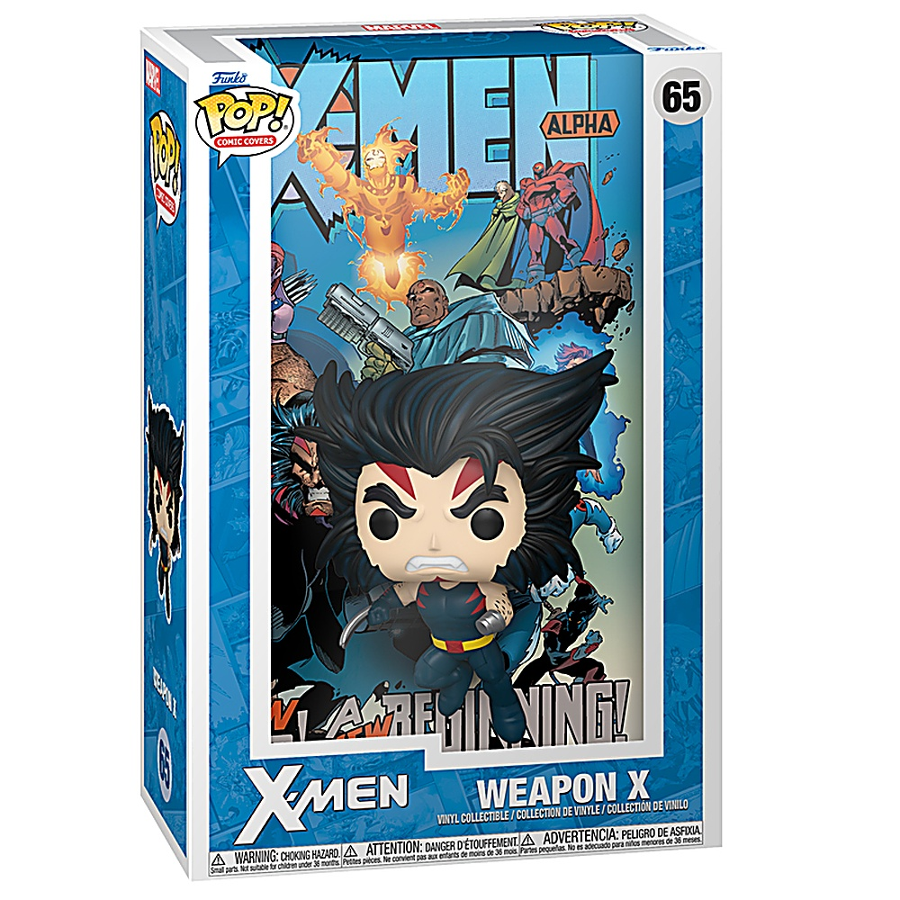 Pudełko Funko Pop z Wolverine z X-Men, w niebiesko-białym wzorze okładki komiksu.