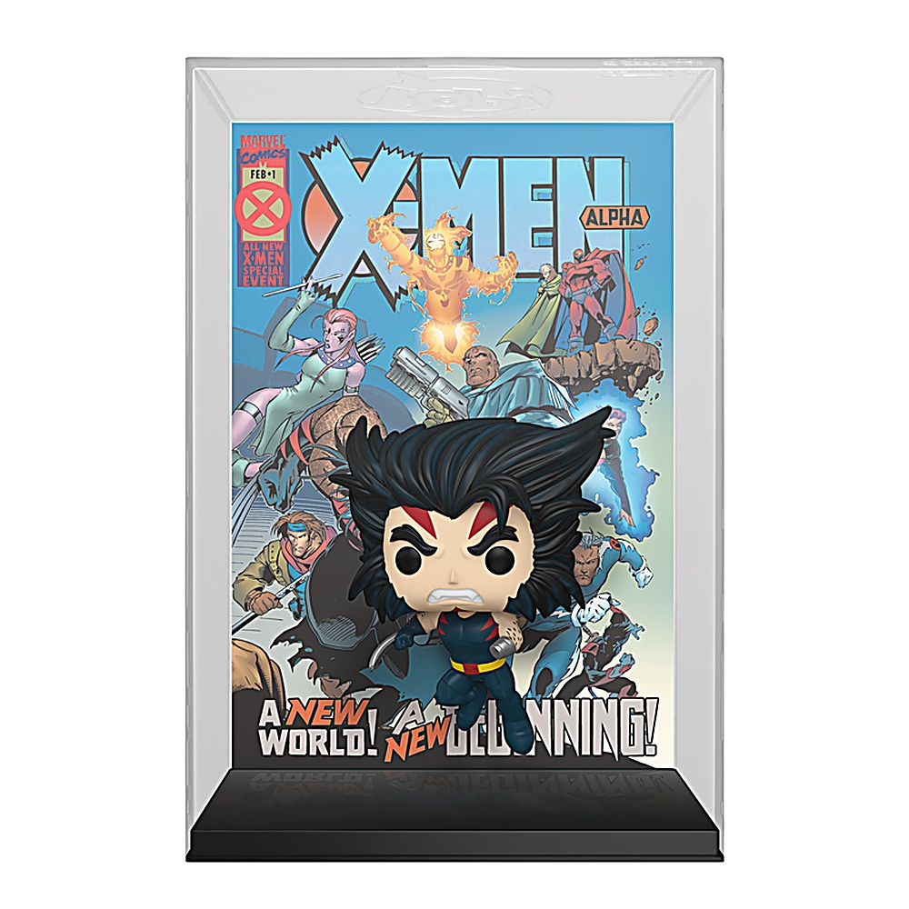 Figurka Funko Pop Wolverine'a w gablotce z tłem komiksu.