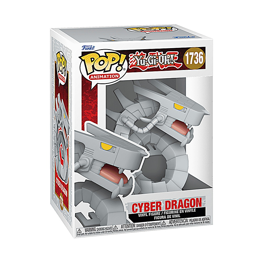 Pudełko Funko Pop dla figurki Cyber Dragon. Pudełko jest białe, figurka widoczna w środku.