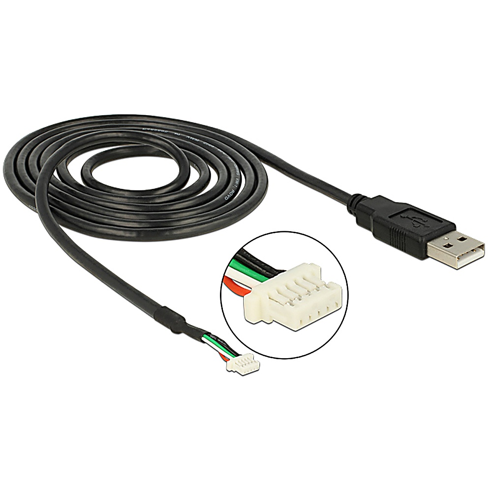Cavo USB nero con connettore a un'estremità e connettore bianco con fili colorati sull'altra.