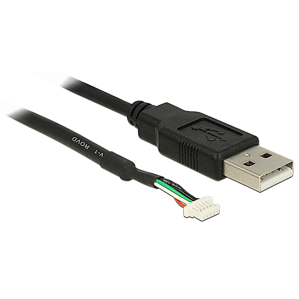 Un cavo USB nero con un connettore USB-A a un'estremità e un connettore con fili all'altra.