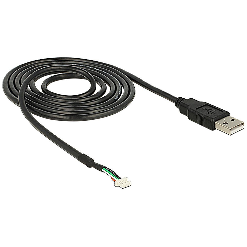 Cavo USB nero con connettore a un'estremità e connettore bianco con fili colorati sull'altra.