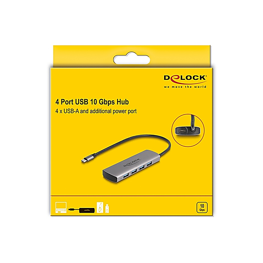 Scatola gialla con un hub USB a 4 porte. L'hub è grigio, con cavo nero. Sfondo bianco.