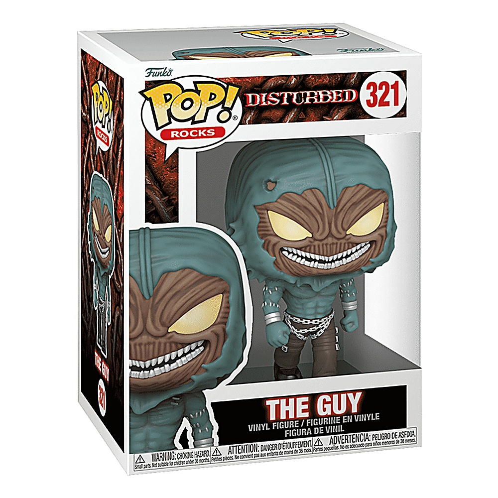 Figurka Funko Pop! 'The Guy' z Disturbed, w pudełku. Figurka ma maskę i jest w pozycji bojowej.