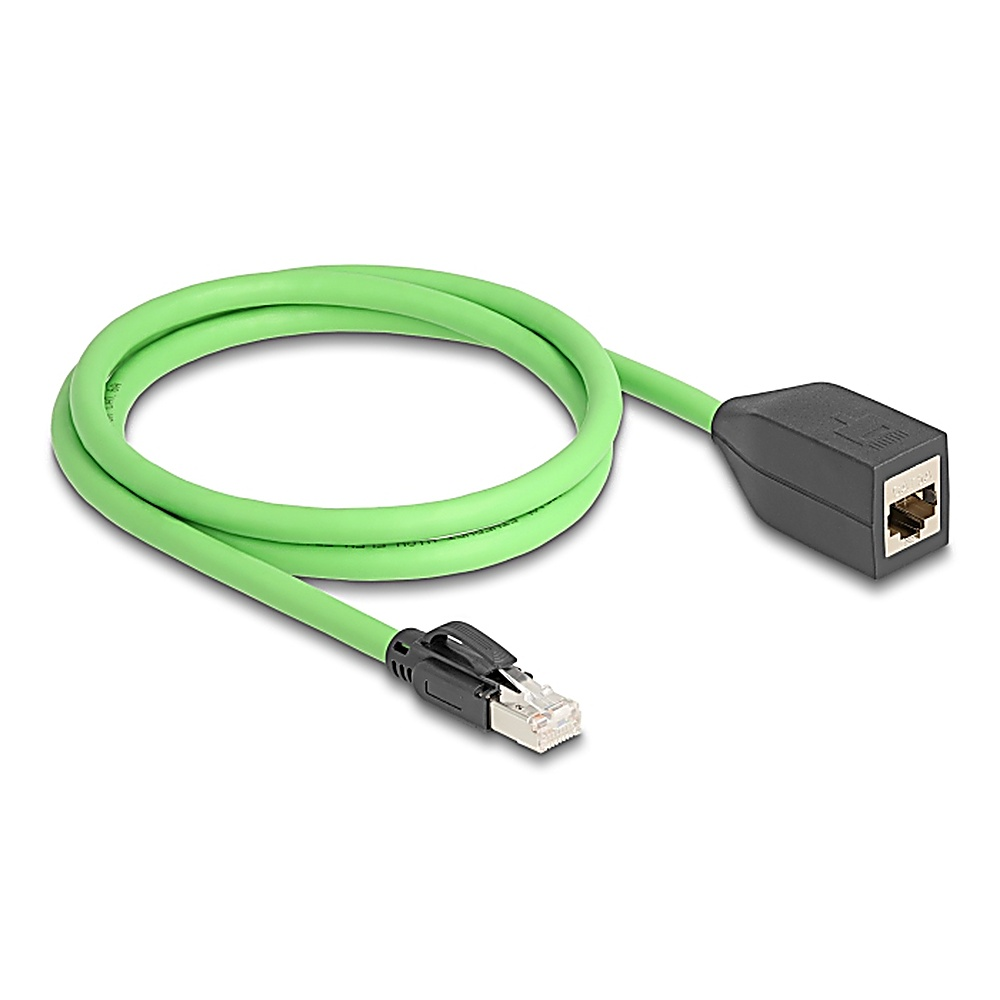 Un cavo Ethernet verde con estremità nere. Un'estremità ha un connettore e l'altra si collega a un blocco nero.