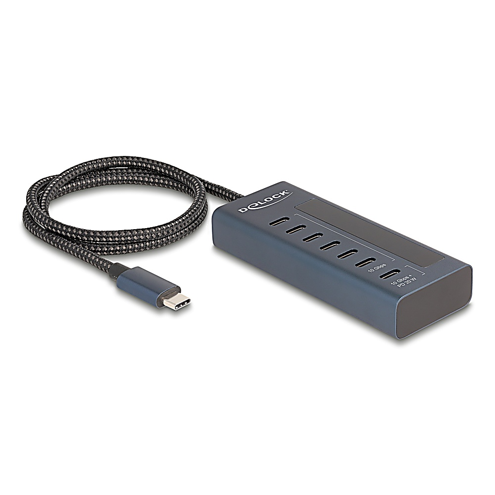 Un hub grigio scuro con porte USB, collegato a un cavo intrecciato nero e grigio e un connettore USB-C.
