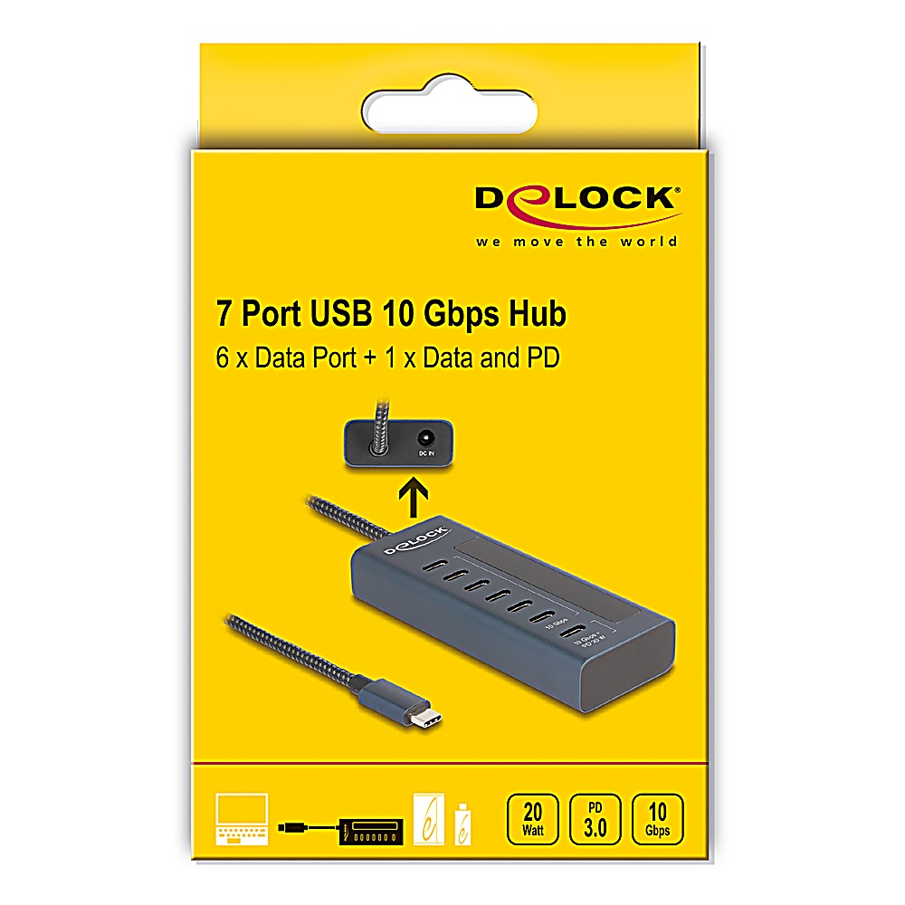 Una scatola gialla con un hub USB a 7 porte da 10 Gbps. La confezione mostra l'hub e gli accessori.