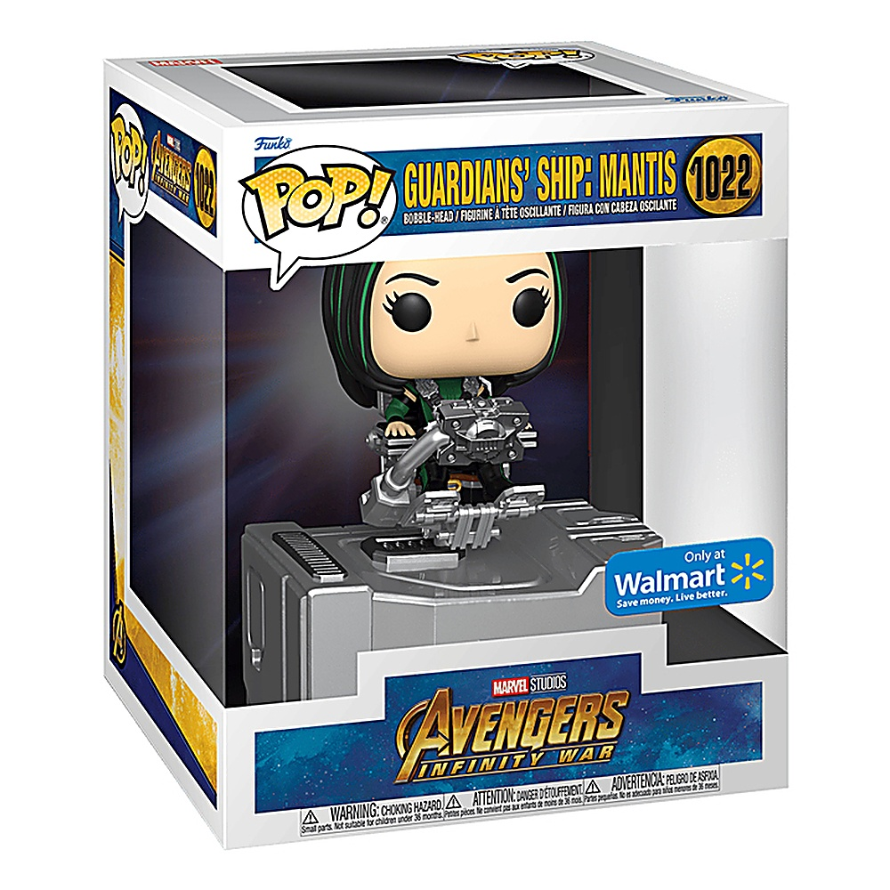 Pudełko Funko Pop z figurką Mantis z Guardians of the Galaxy na stojaku w środku.