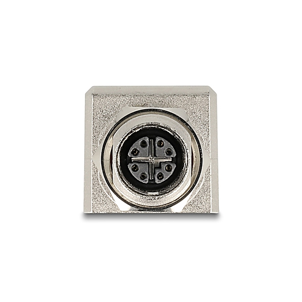 Un primo piano di un connettore metallico circolare con più pin.