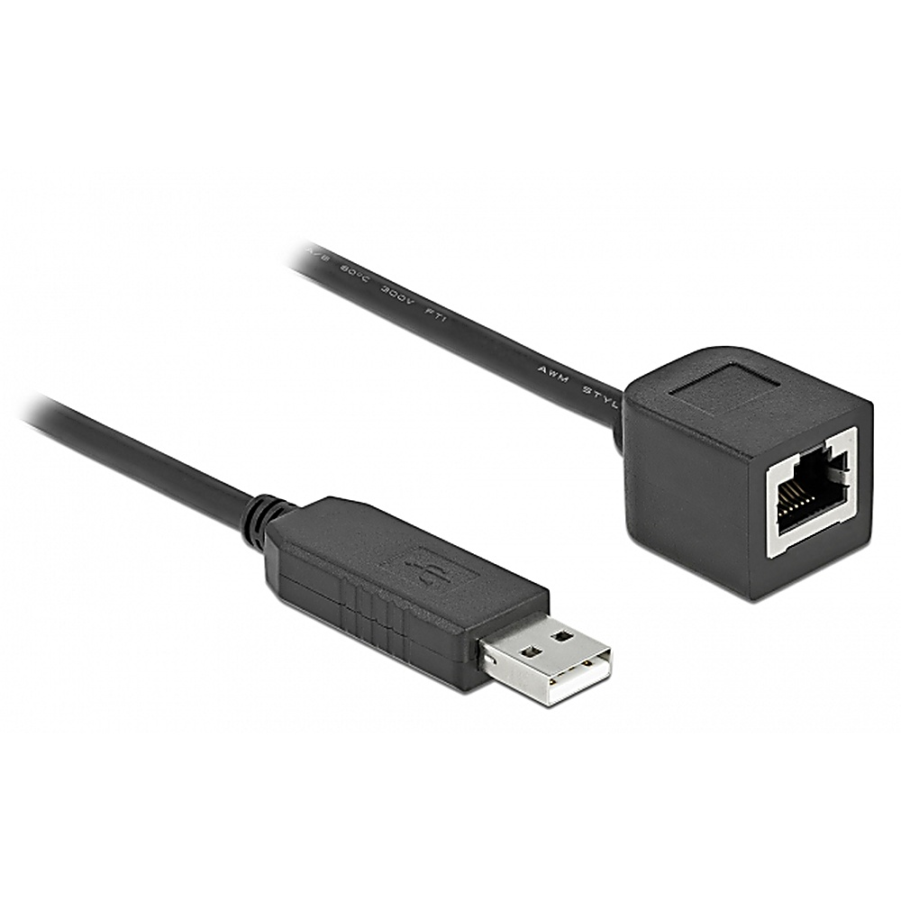 Un cavo adattatore da USB a Ethernet nero. Un'estremità è un connettore USB, l'altra è una porta Ethernet.