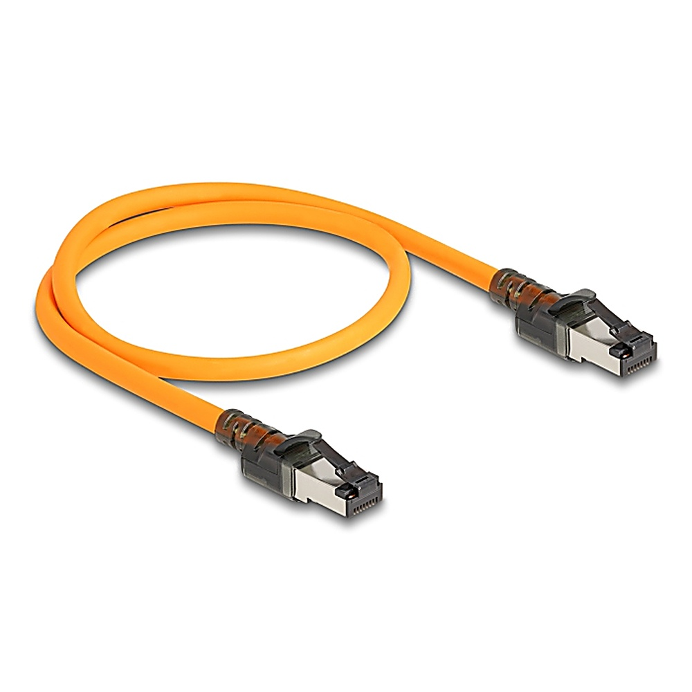 Un cavo ethernet arancione con due connettori. Entrambi i connettori hanno dettagli neri e argentati.