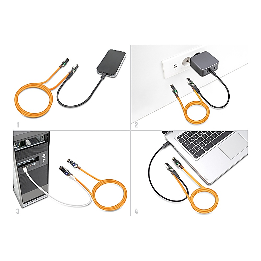Quattro scene che mostrano cavi ethernet arancioni collegati a vari dispositivi per il trasferimento dati.