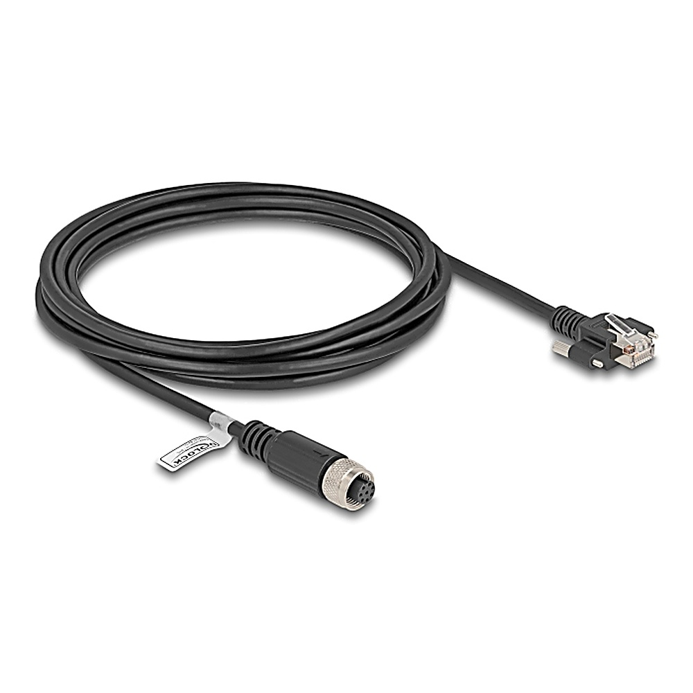Cavo nero con connettore M12 maschio e connettore RJ45. Sfondo bianco.