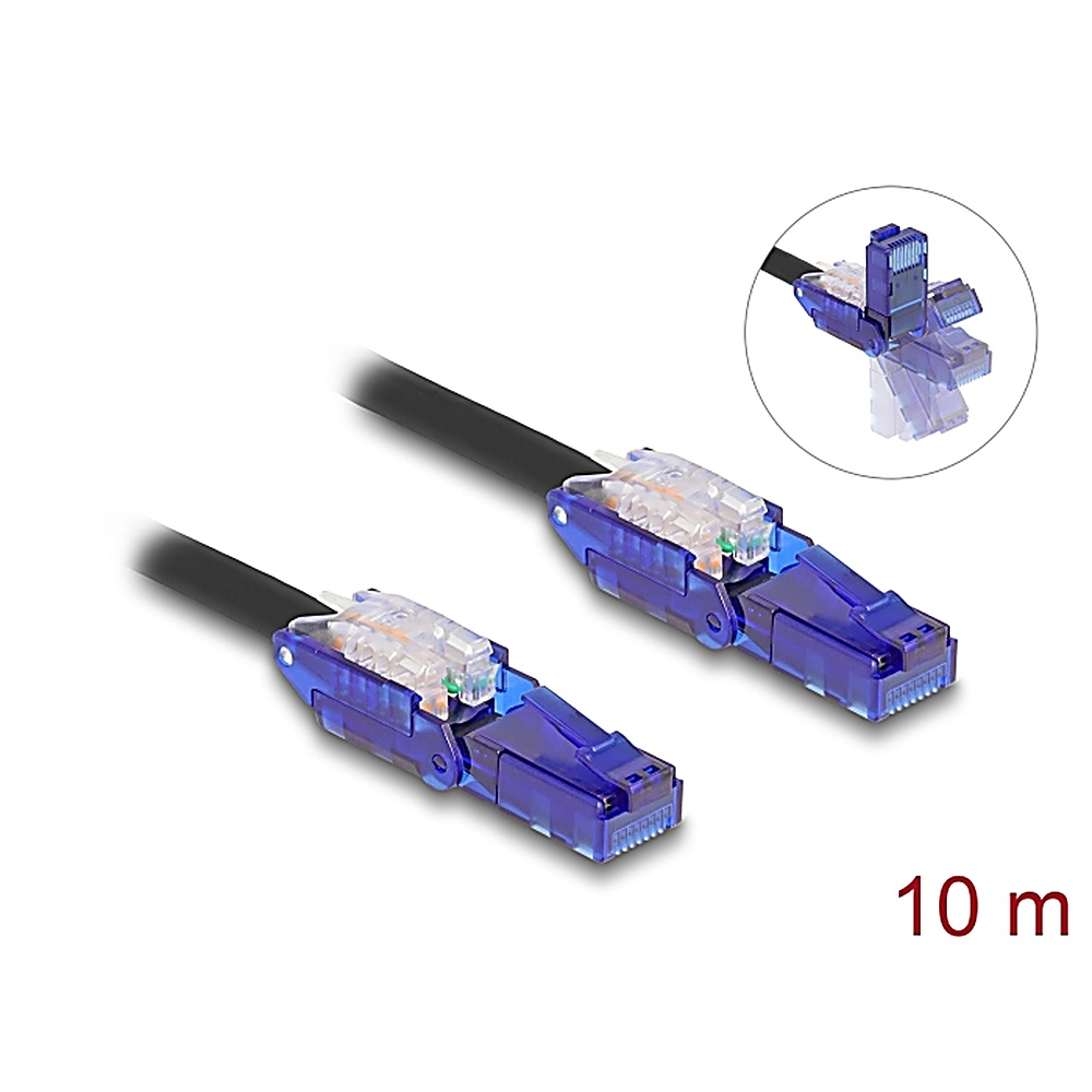 Due cavi di rete neri con connettori blu. Su sfondo bianco, lunghi 10 m.