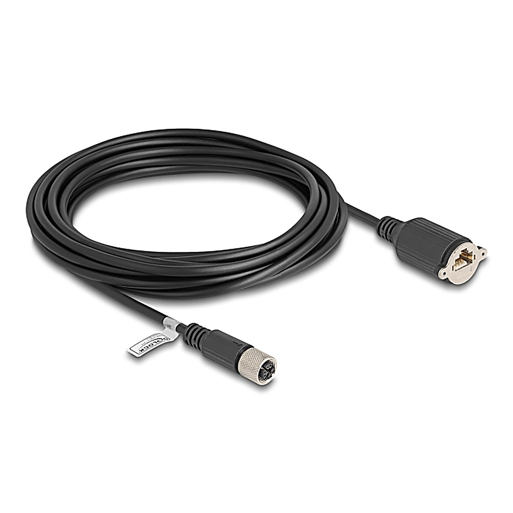 Cavo nero con connettore M12 maschio e connettore RJ45 femmina. Sfondo bianco.