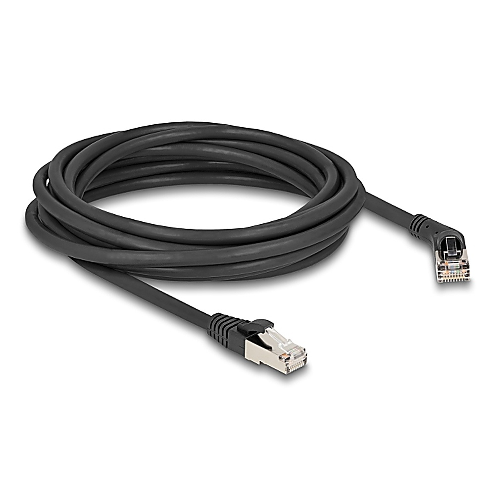 Cavo di rete nero con due connettori RJ45, uno angolato.