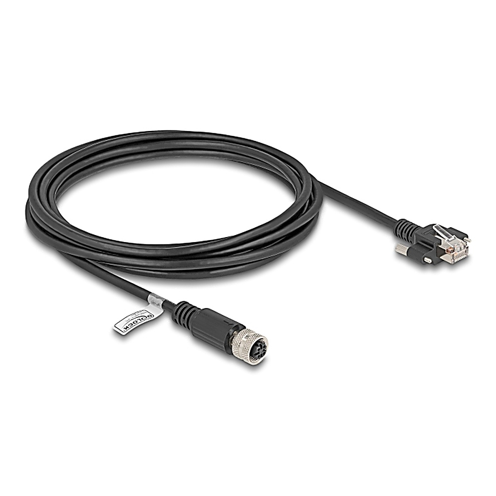 Cavo di rete nero con connettore RJ45 e M12.