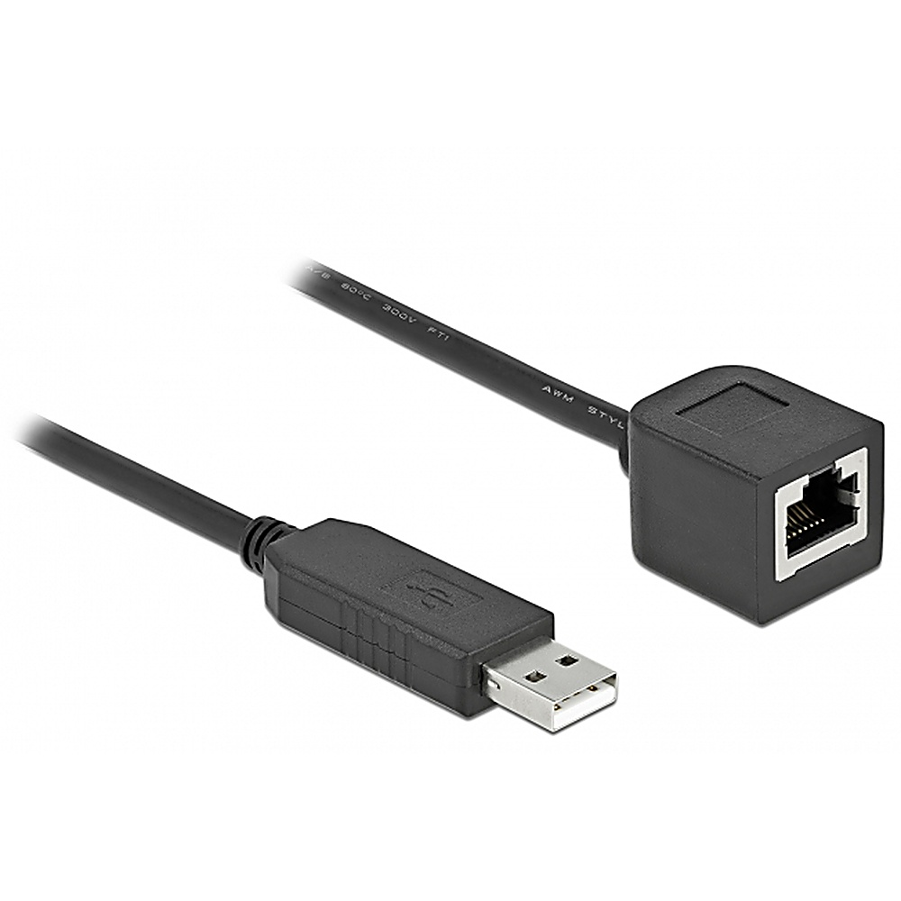 Cavo adattatore da USB a RJ45 nero. Connettore USB-A a Ethernet RJ45 su sfondo bianco.
