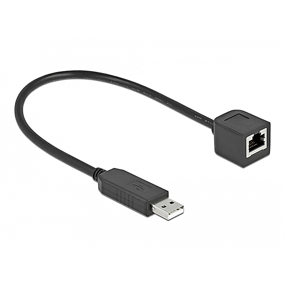 Cavo adattatore da USB a Ethernet nero. Un'estremità è USB, l'altra è un connettore Ethernet. Sfondo bianco.