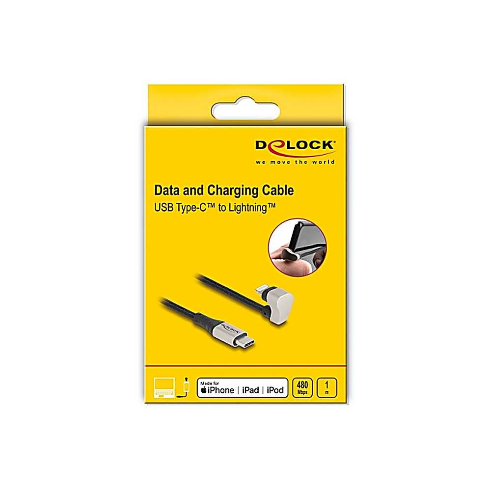 Una scatola gialla mostra un cavo USB Type-C a Lightning con testo e un'immagine di un telefono in carica.