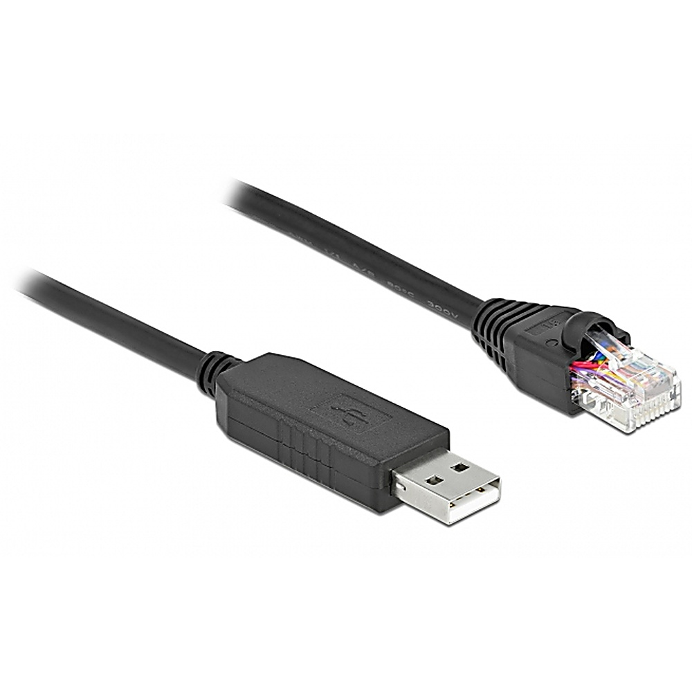 Un cavo di rete da USB a RJ45 nero. Ha un connettore USB da un lato e RJ45 dall'altro.