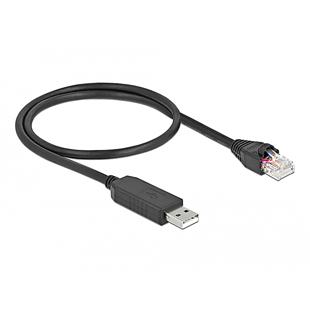 Cavo da USB a Ethernet nero. Un'estremità è USB, l'altra è un connettore Ethernet. Sfondo bianco.