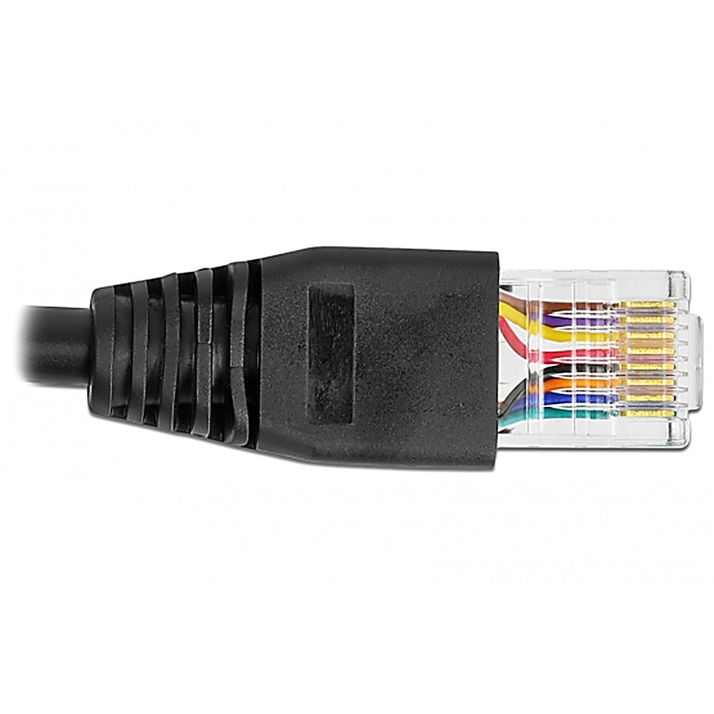 Primo piano dell'estremità di un cavo Ethernet, che mostra fili colorati e l'involucro di plastica del connettore.