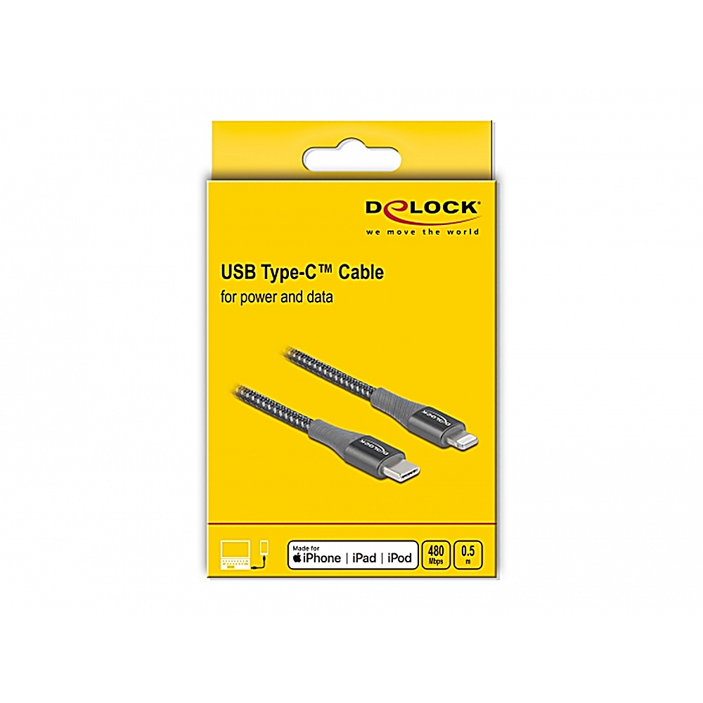 Una scatola gialla con un cavo USB Type-C. La scatola ha testo e immagini bianchi. Sfondo bianco.